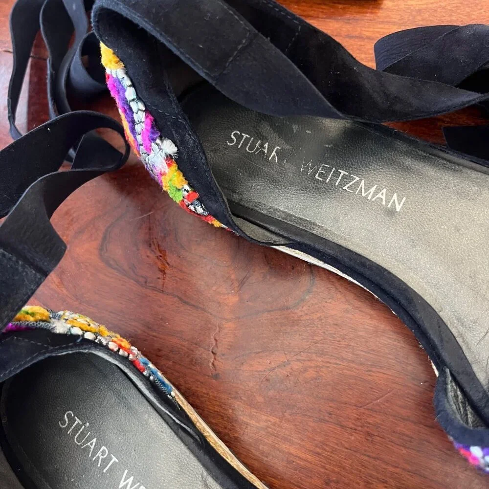 Stuart Weitzman Embroidered Denim Espadrille Flats With Black Ribbon Tie- Sz. 9.